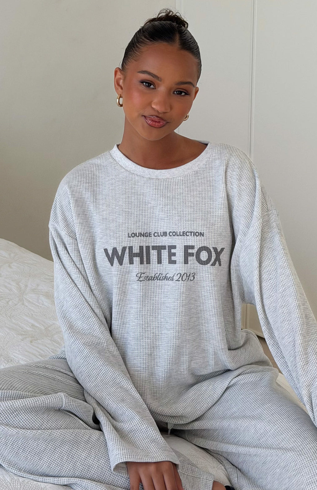 White Fox Leave Me Out Of It Waffle Oversized Long Sleeve Tee Grey Marle