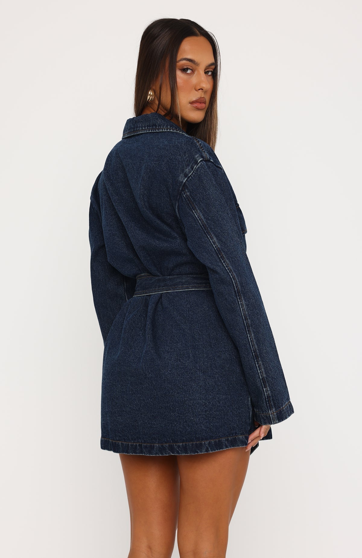 White Fox Freefall Romance Long Sleeve Denim Dress Dark Blue