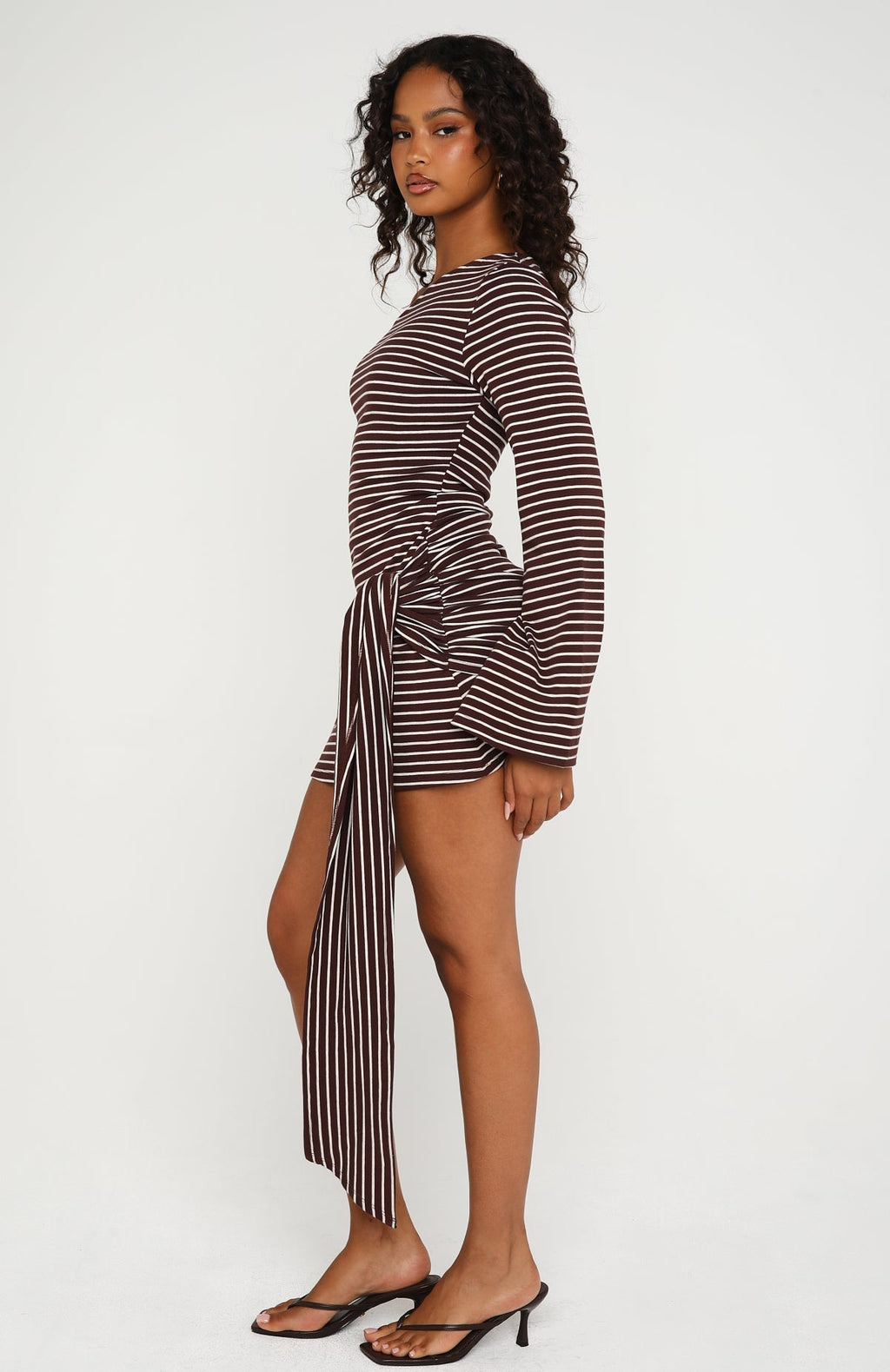 White Fox On Her Throne Off Shoulder Long Sleeve Mini Dress Chocolate/Marle Stripe