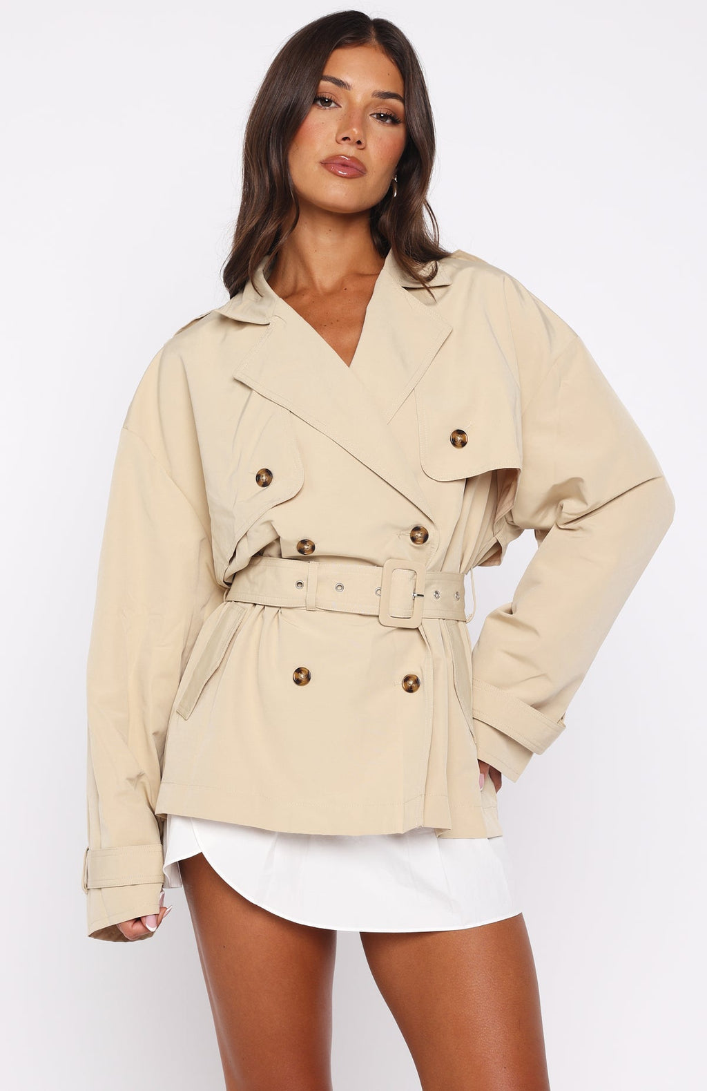 White Fox She's Popular Cropped Trench Sand