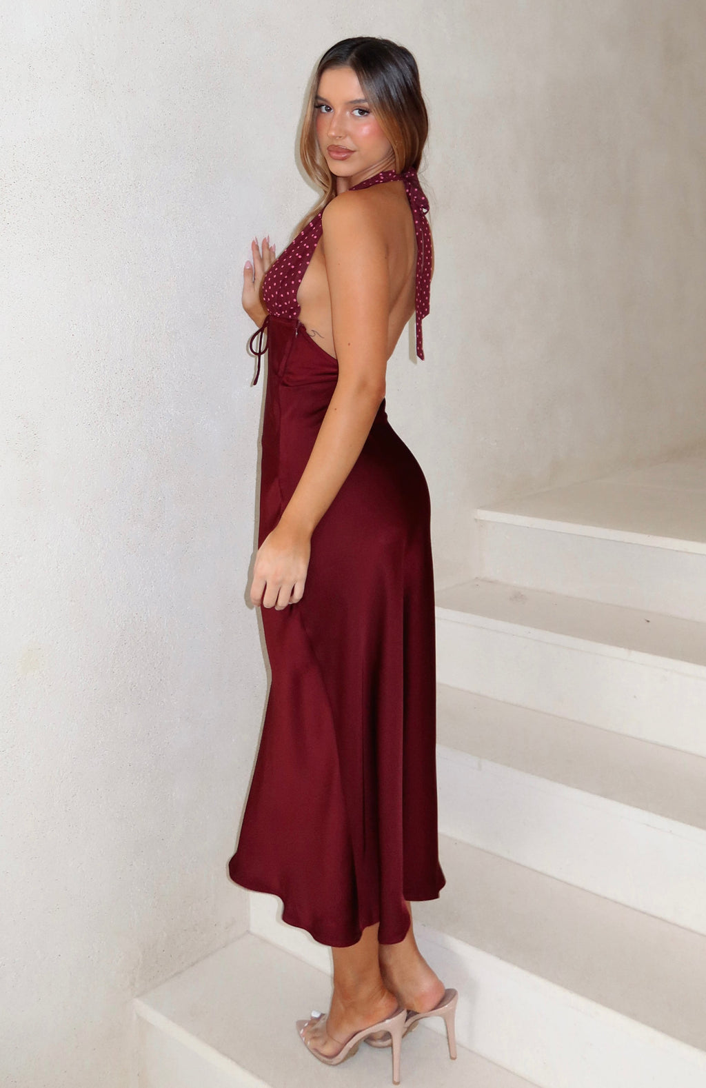 White Fox Guess You Miss Me Halter Midi Dress Burgundy/Pink Dot