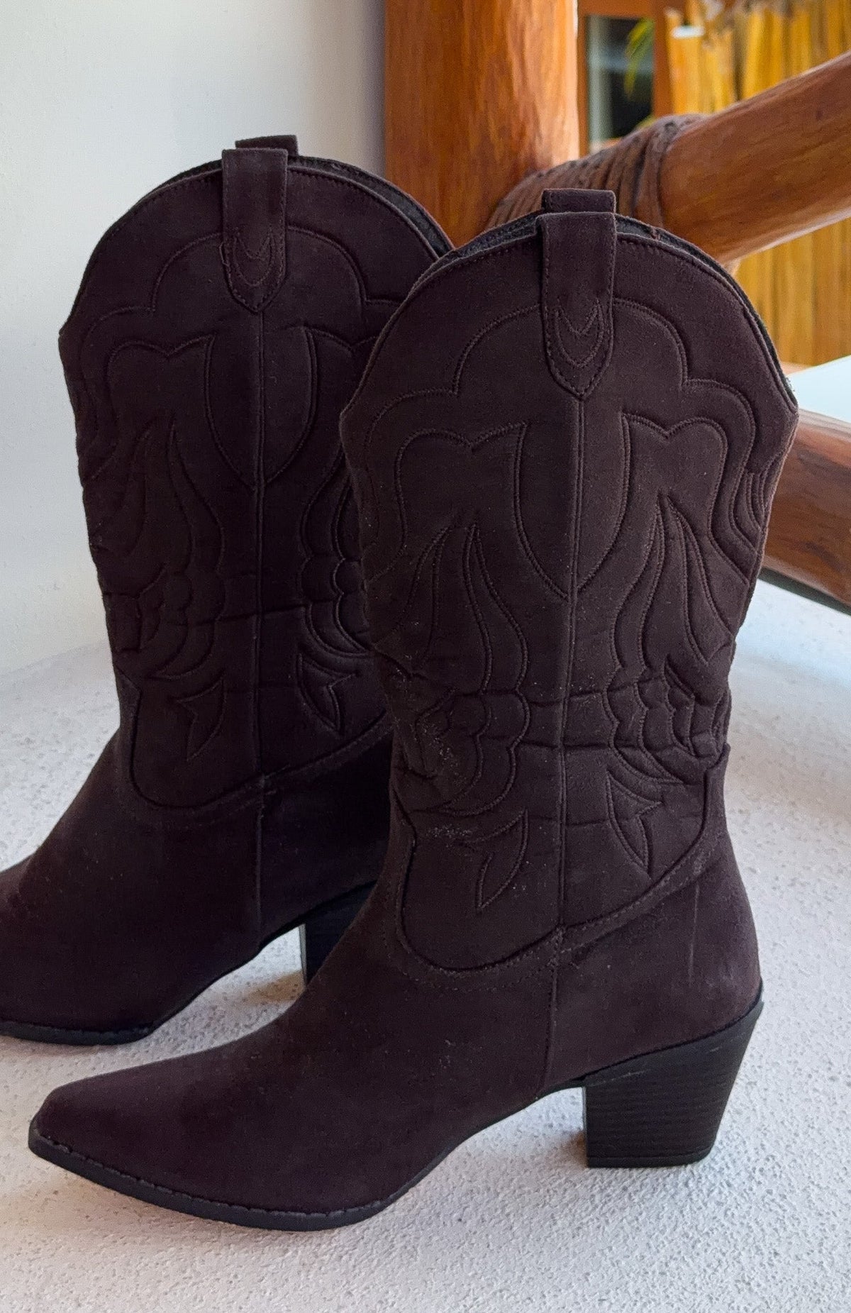 White Fox Darcy Cowboy Boots Chocolate Faux Suede