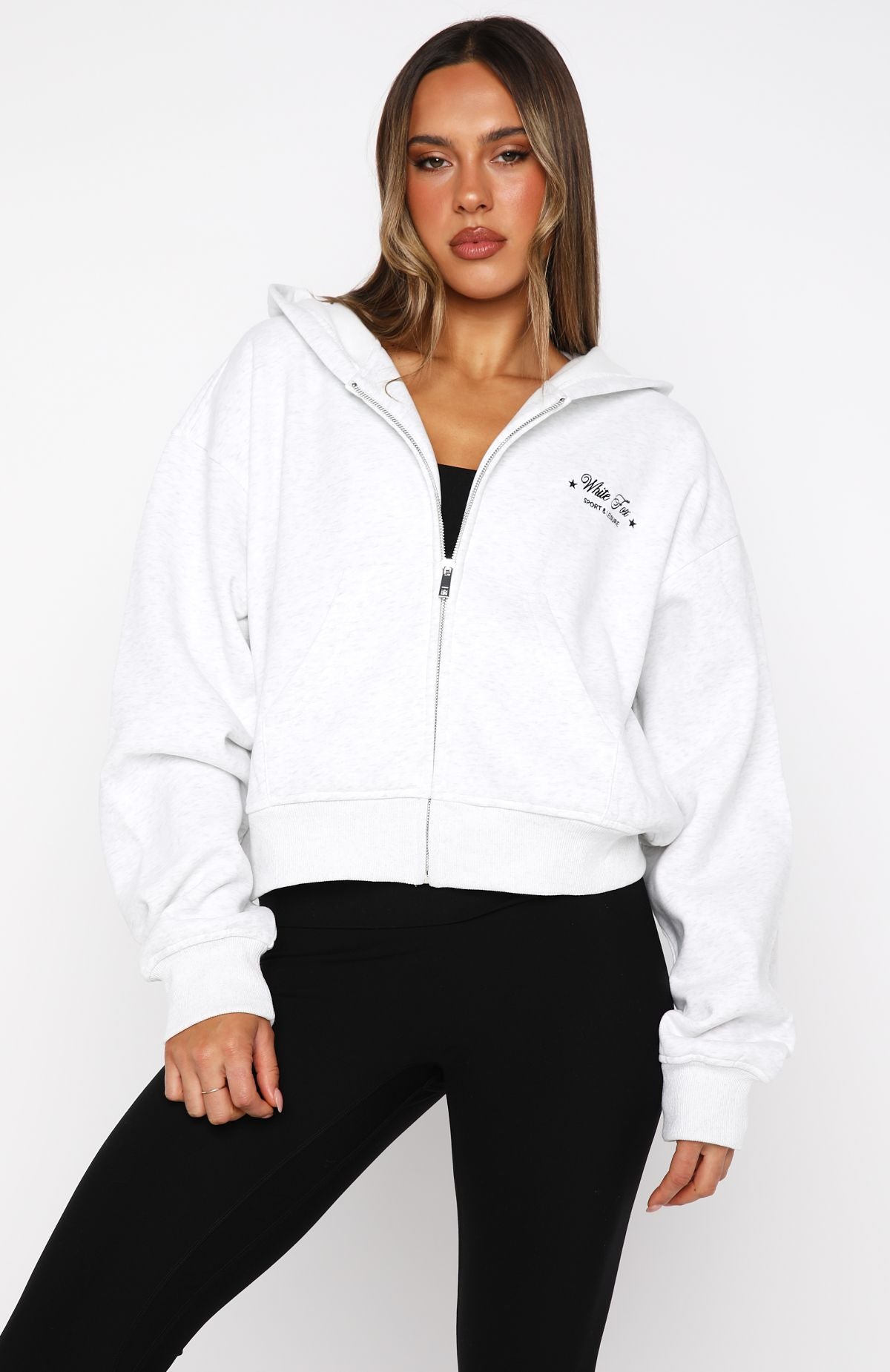White Fox Just Try Again Boxy Zip Front Hoodie Grey Marle