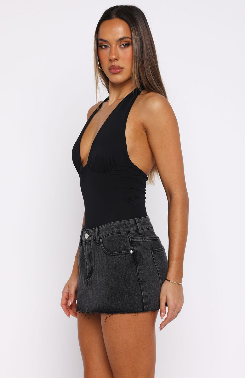White Fox Broken Trust Mid Rise Denim Mini Skirt Black
