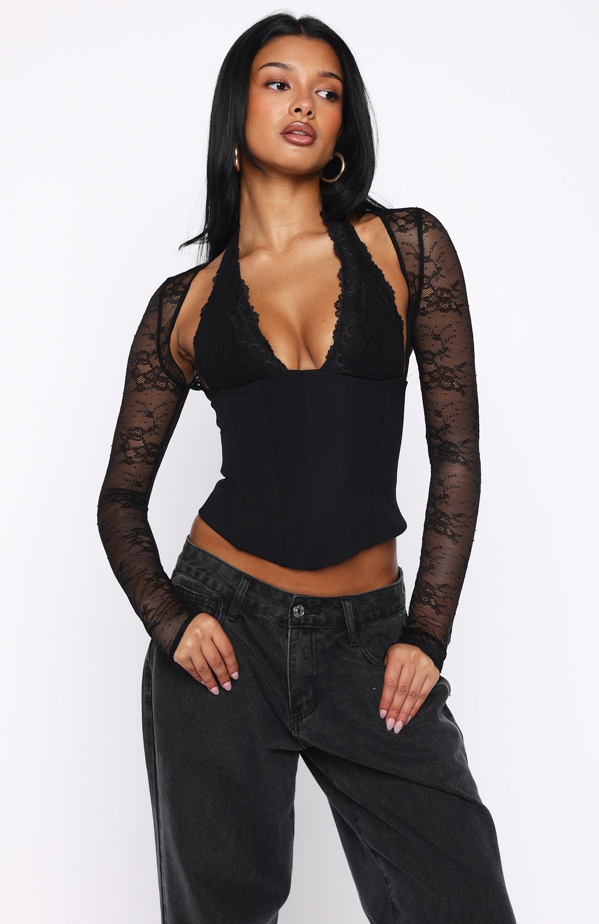 White Fox Never Walk Alone Long Sleeve Bustier Black