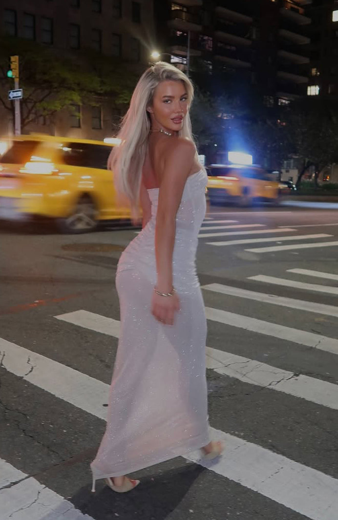White Fox Sheer Grace Strapless Glitter Maxi Dress Champagne