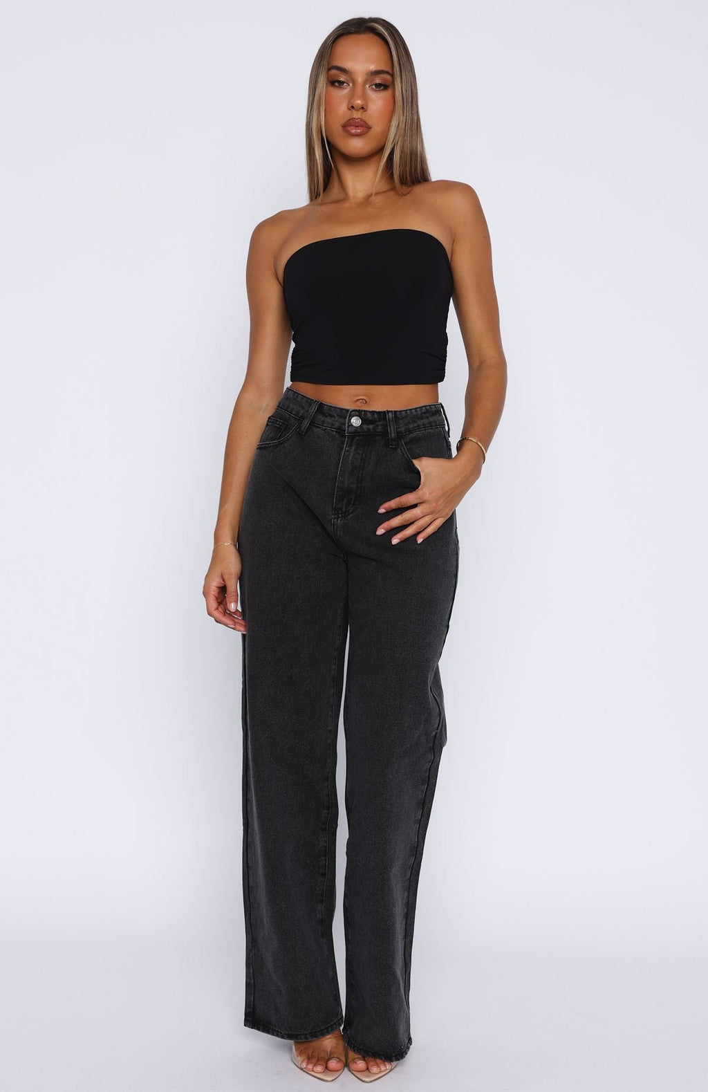 White Fox Bring The Style High Rise Wide Leg Jeans Black Acid
