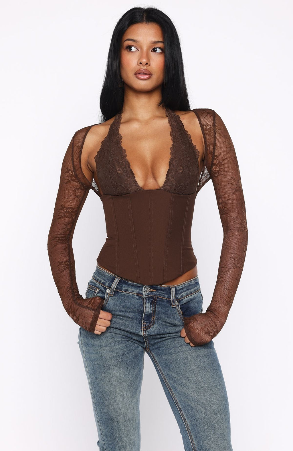 White Fox Never Walk Alone Long Sleeve Bustier Chocolate