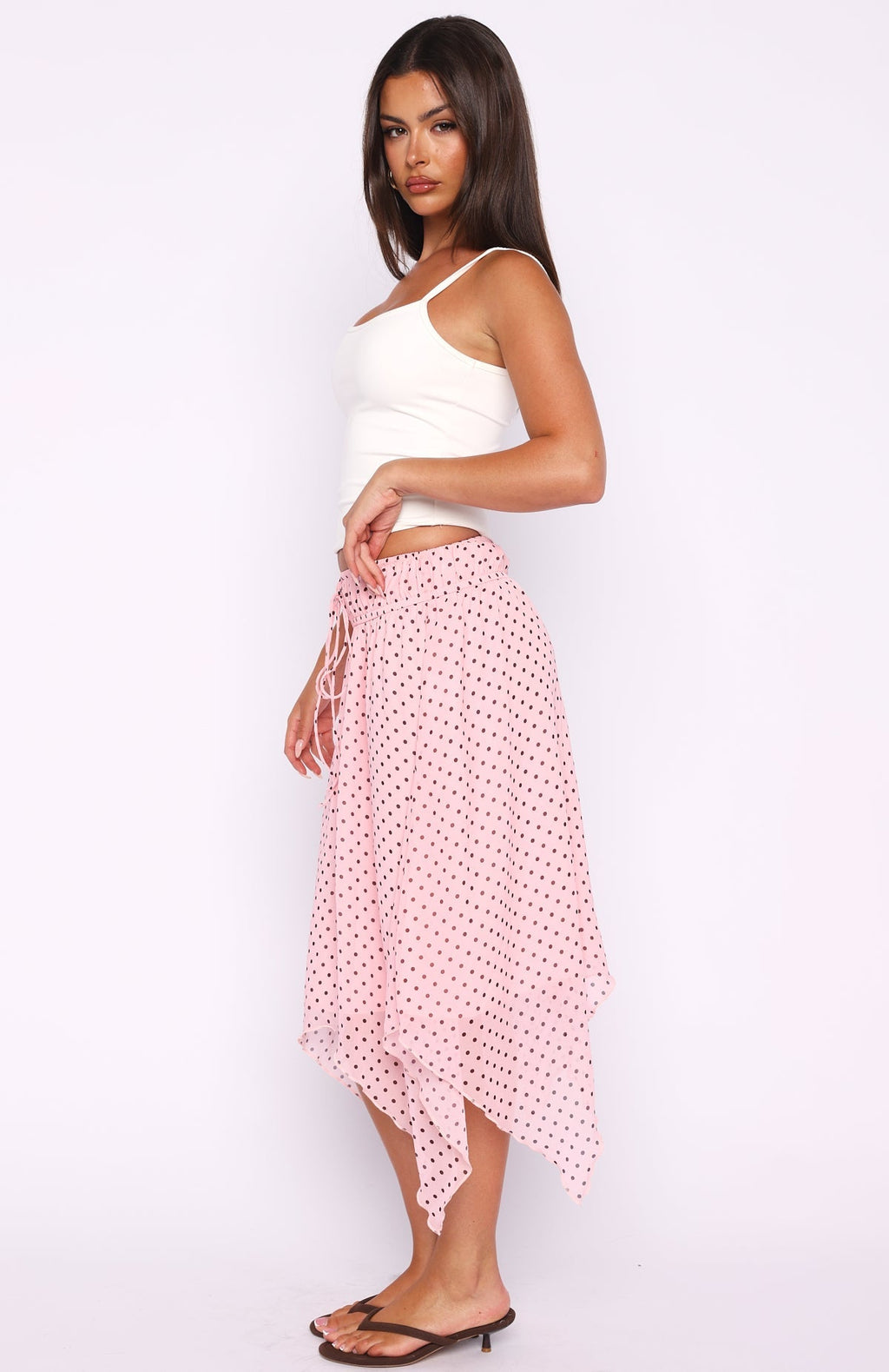 White Fox Static Soul Midi Skirt Pink Polka Dot