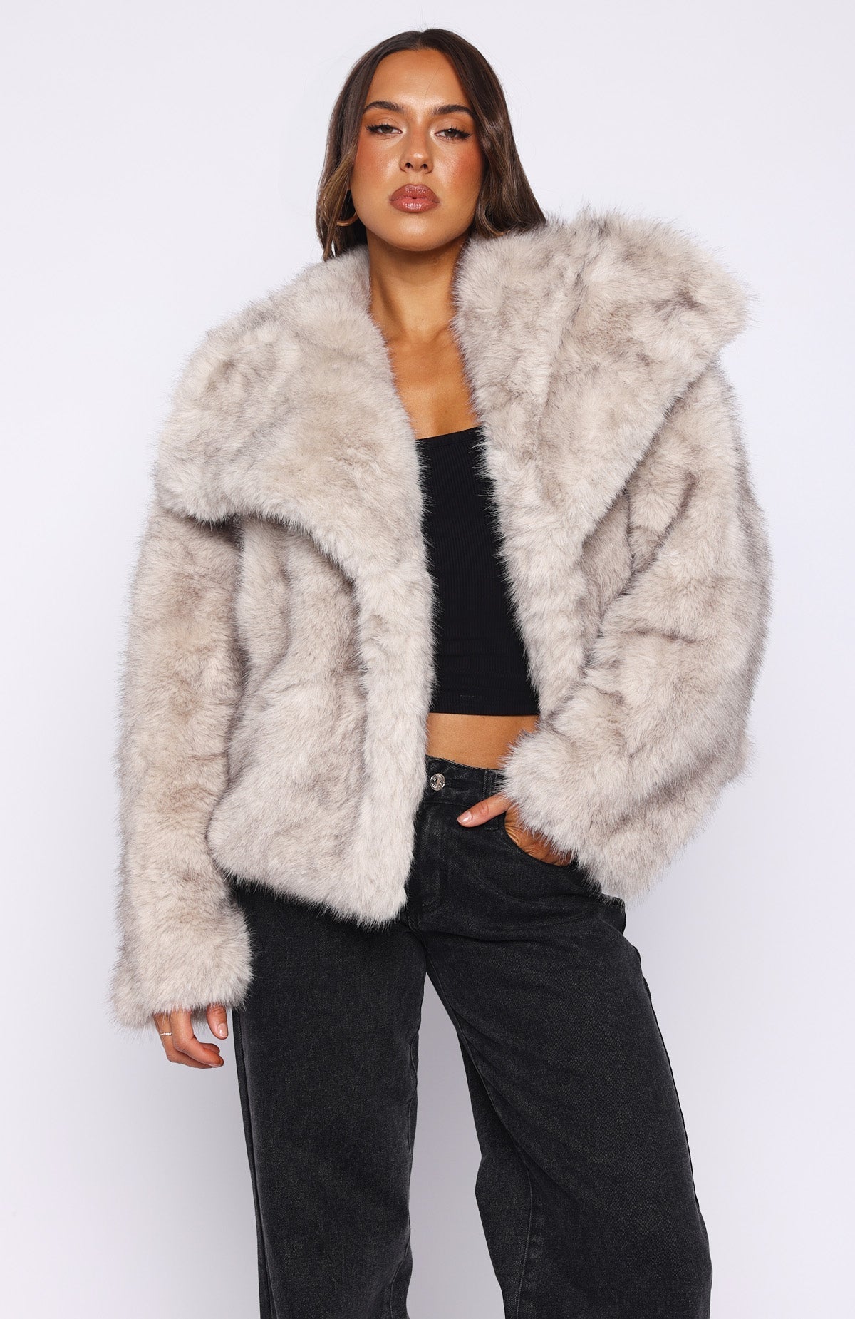 White Fox Dirty Martini Faux Fur Jacket Smokey Taupe