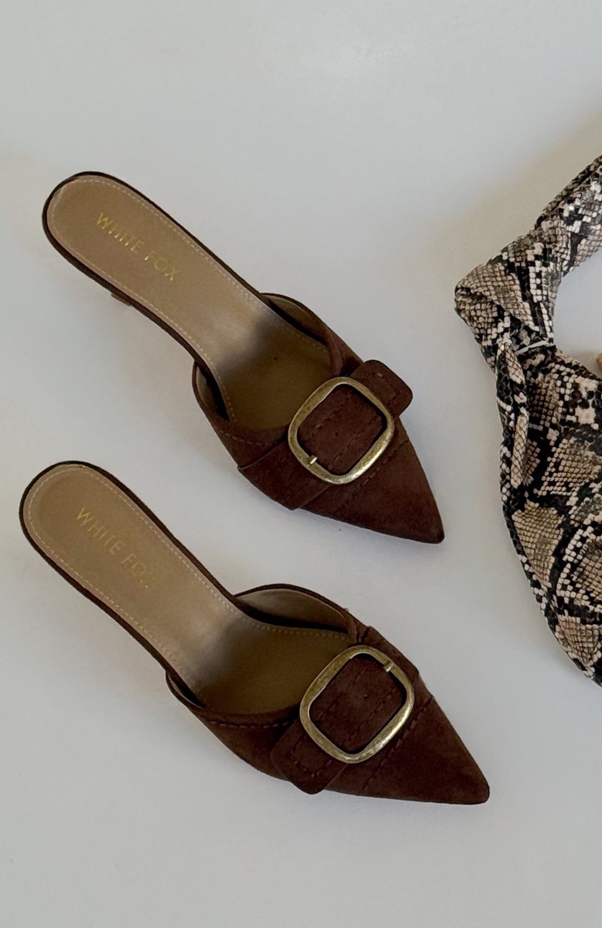 White Fox Gino Mules Chocolate Faux Suede