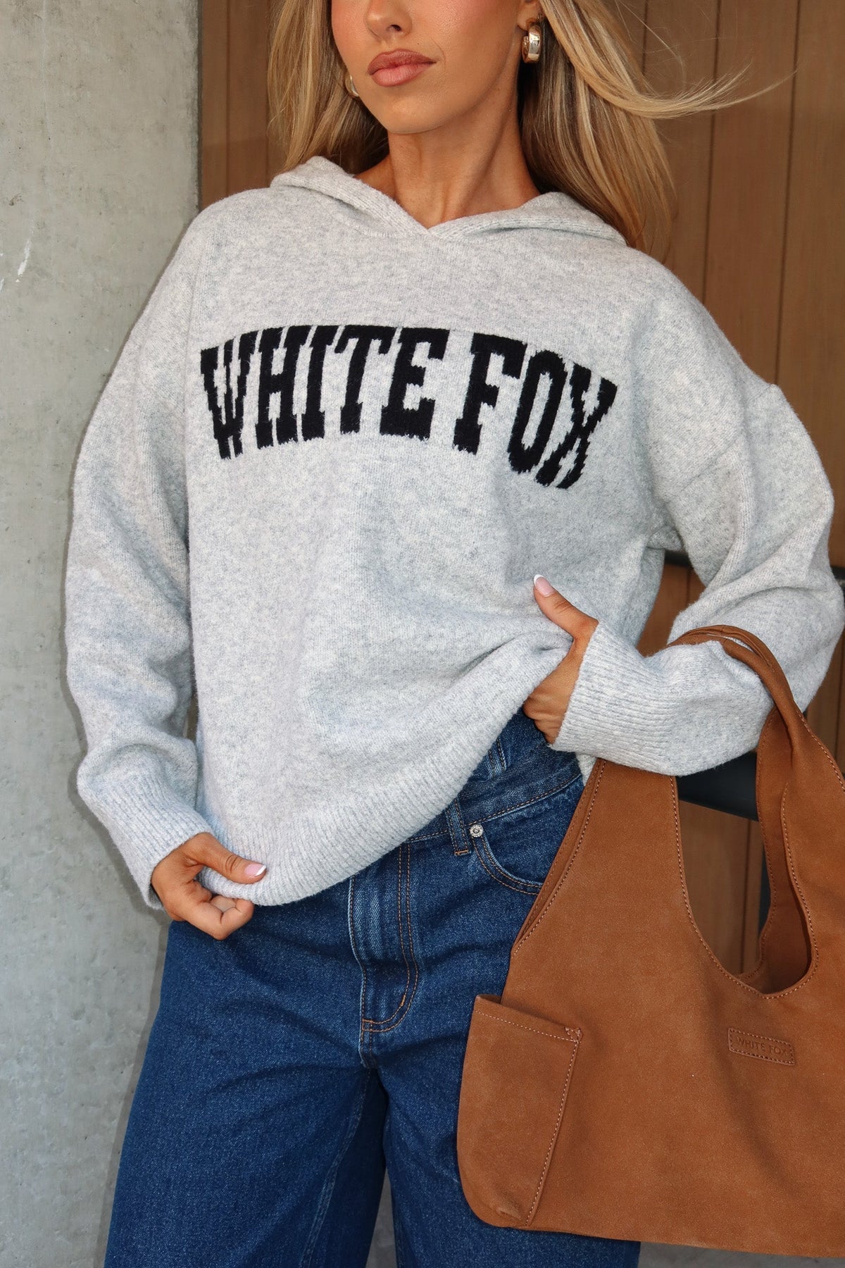 White Fox Off To Better Things Oversized Knit Hoodie Light Grey