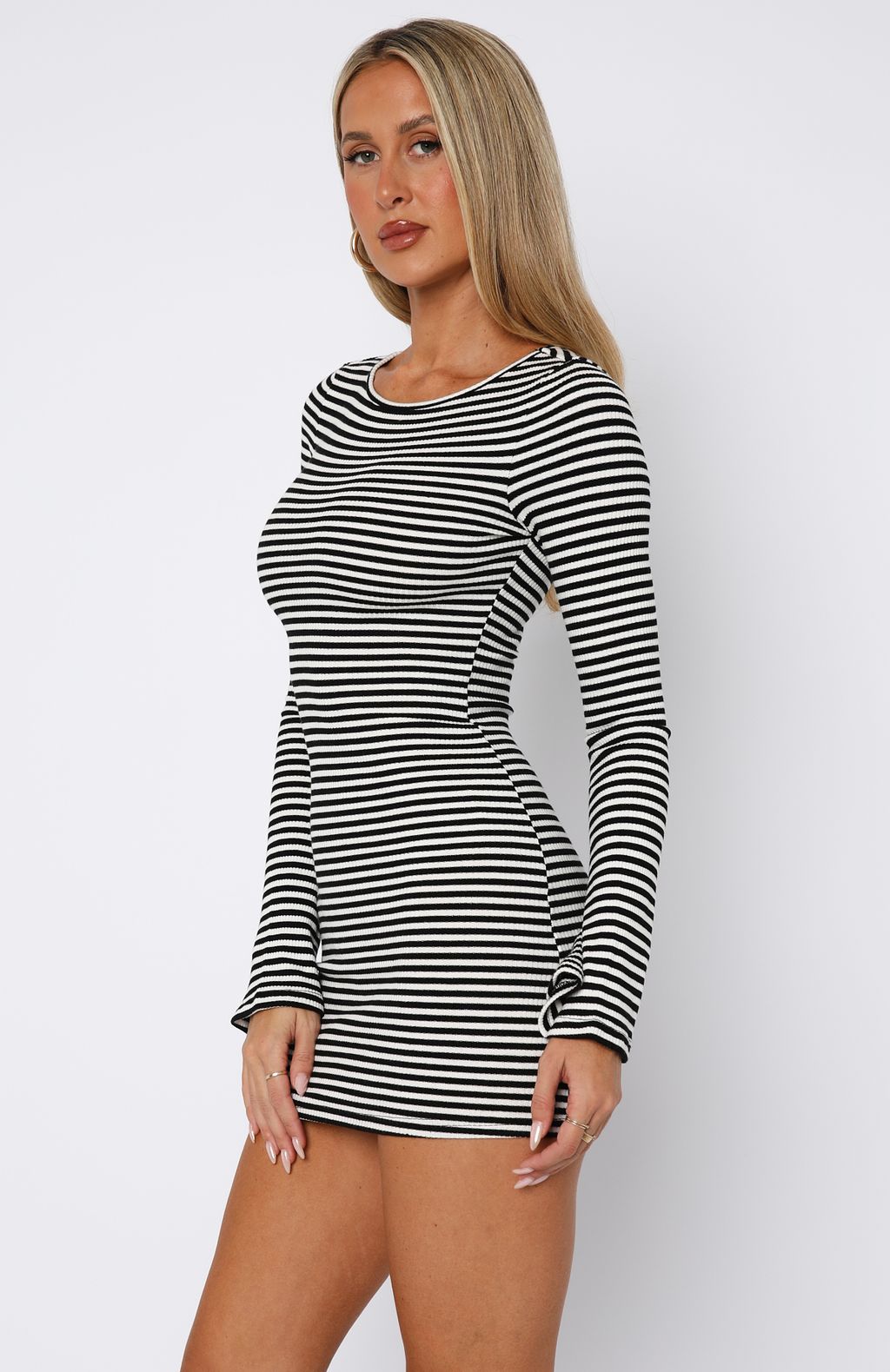 White Fox Lost Files Long Sleeve Mini Dress Black/White Stripe