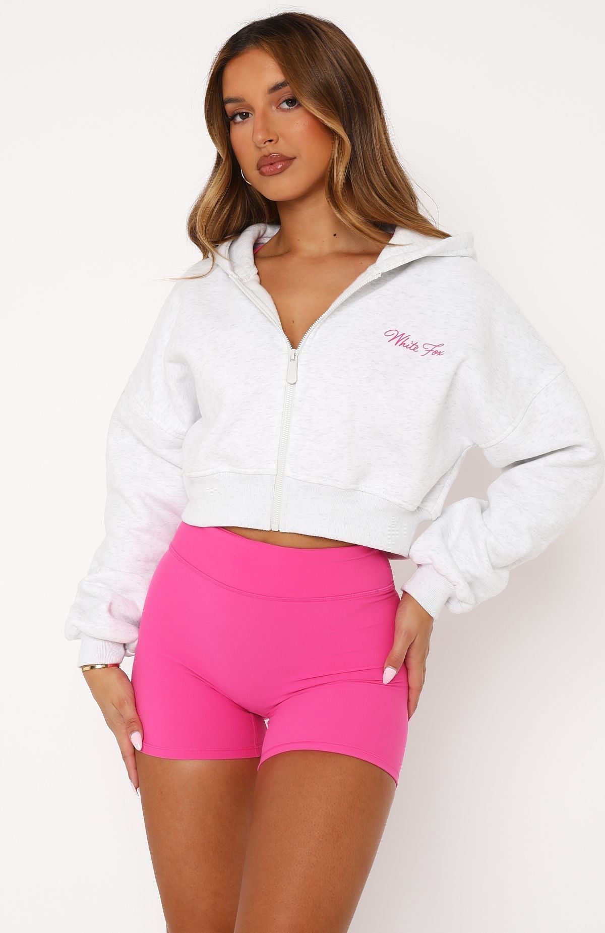 White Fox Stepping Out Cropped Hoodie Grey Marle/Pink