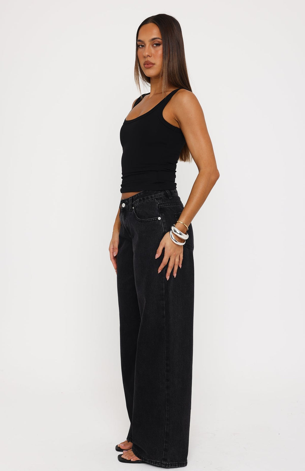 White Fox Maeve Low Rise Wide Leg Jeans Black Acid