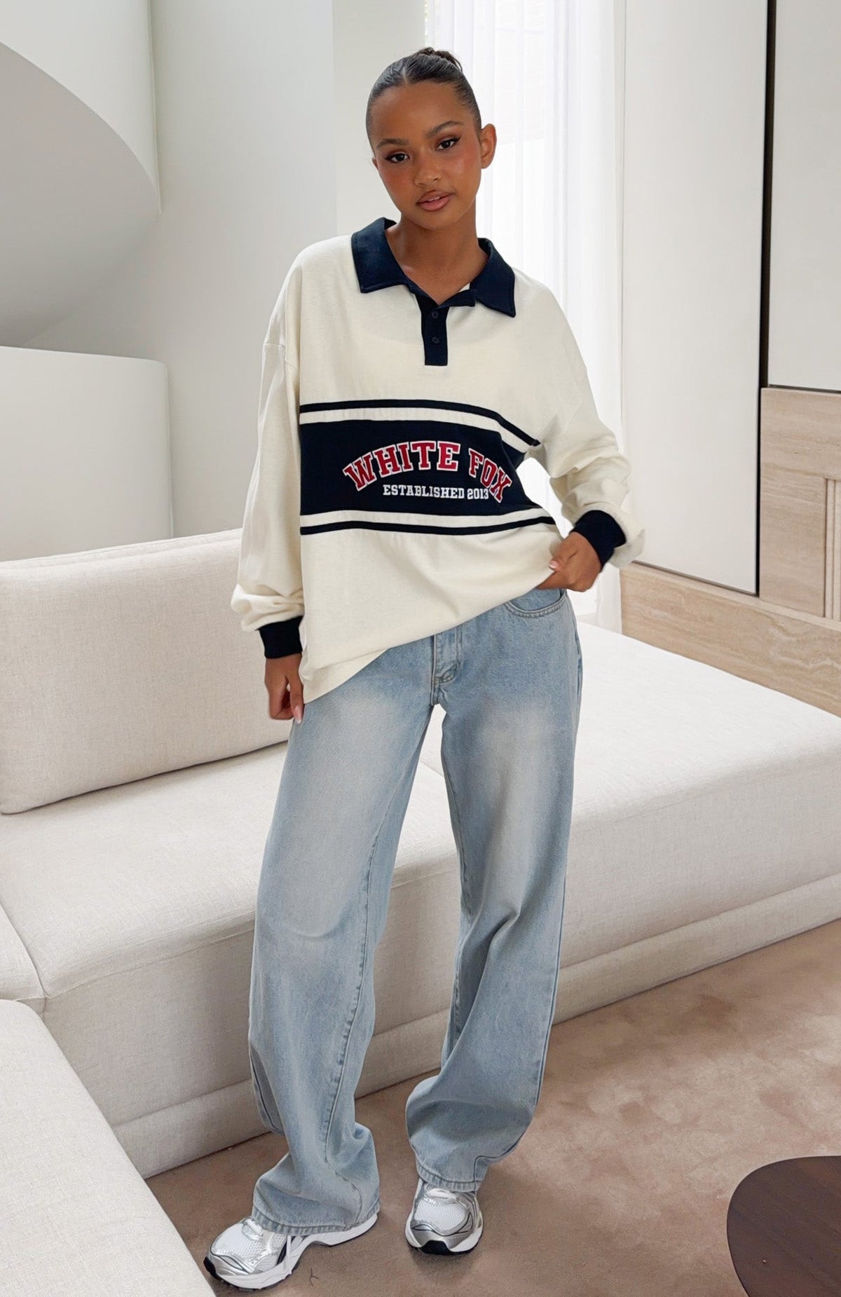 White Fox Meeting Friends Long Sleeve Rugby Shirt Cream