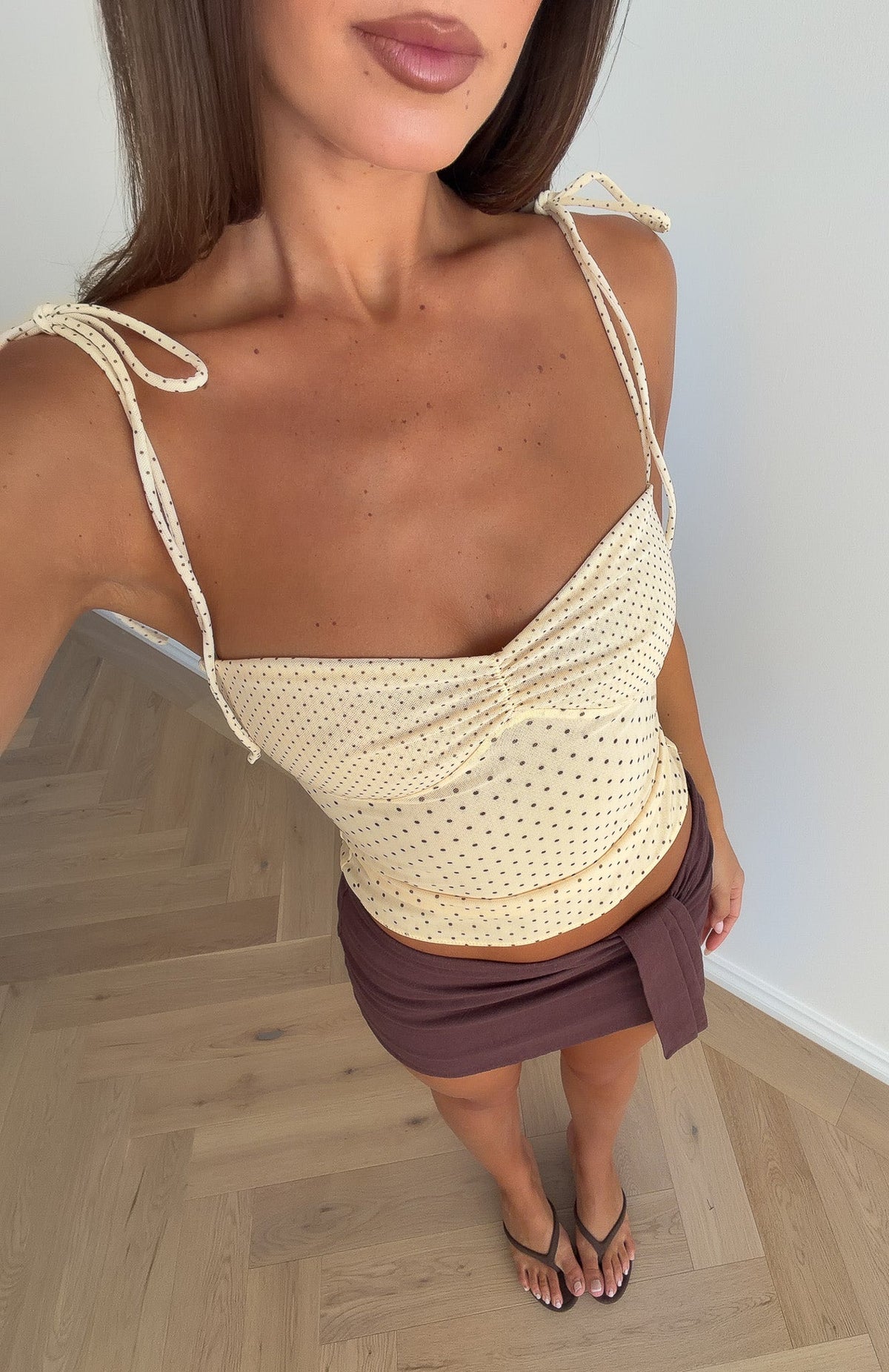 White Fox Crush Mode Top Cream/Choc Polka Dot