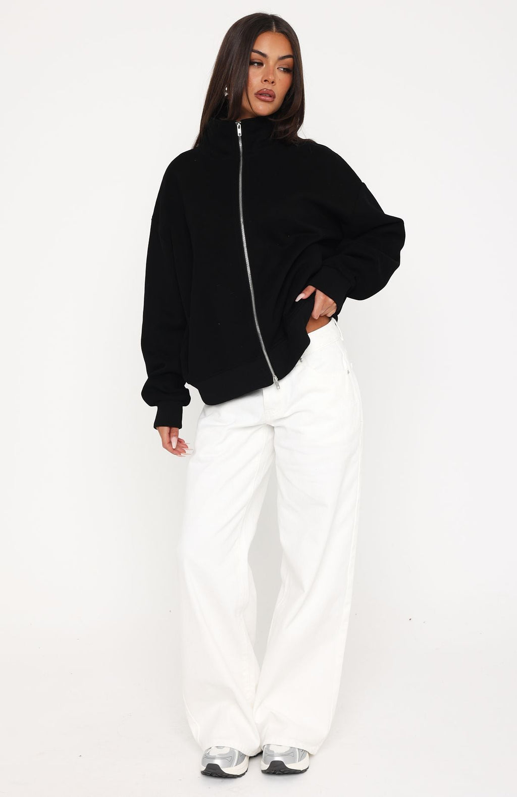 White Fox Such A Dream Oversized Zip Front Funnel Neck Jacket Black