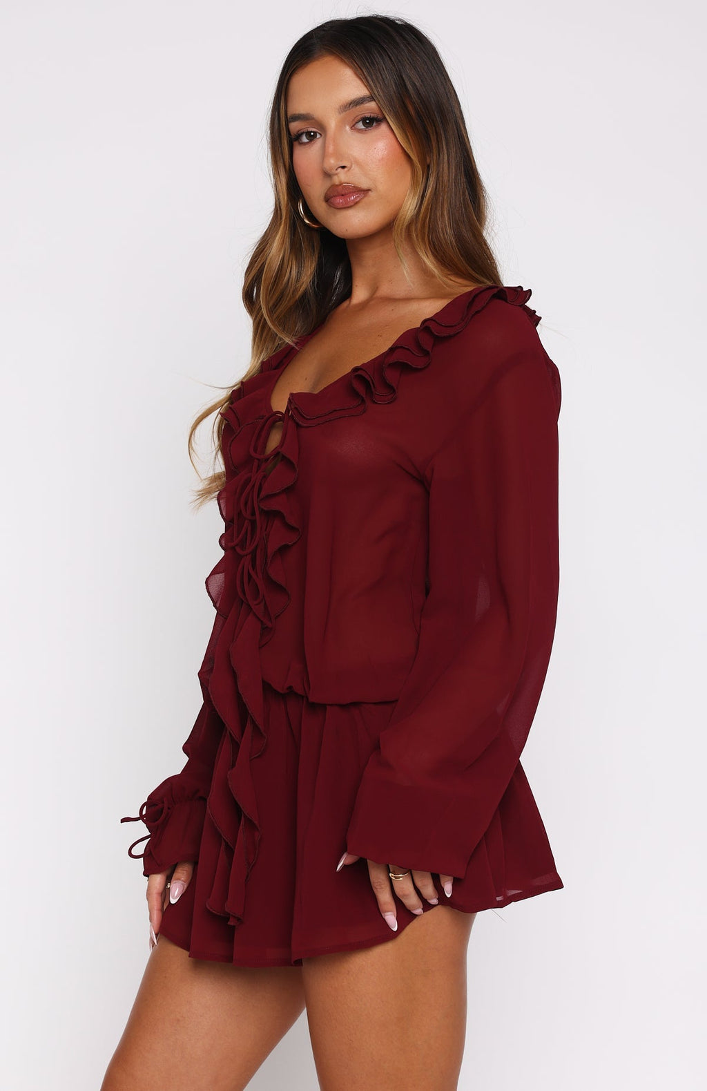 White Fox Eternal Energy Long Sleeve Mini Dress Burgundy