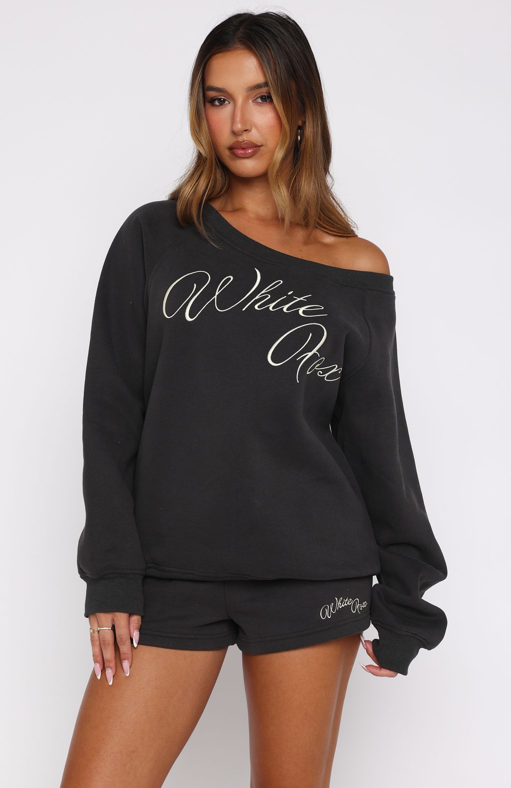 White Fox Lucky Thirteen Elsa Off Shoulder Sweater Charcoal