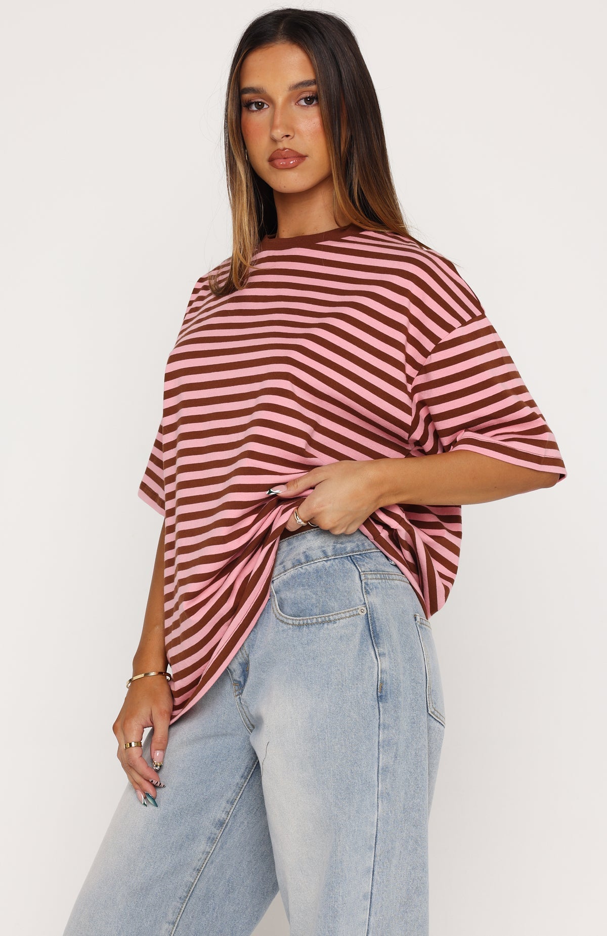 White Fox Touchdown Oversized Tee Brown/Pink Stripe