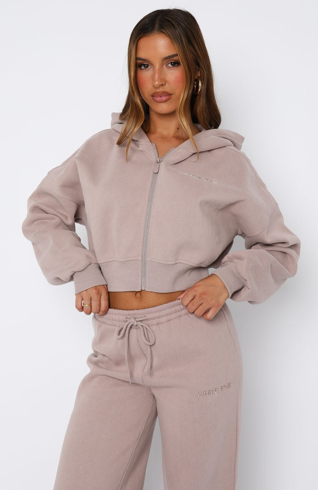 White Fox Stay Lifted Cropped Hoodie Cinnamon