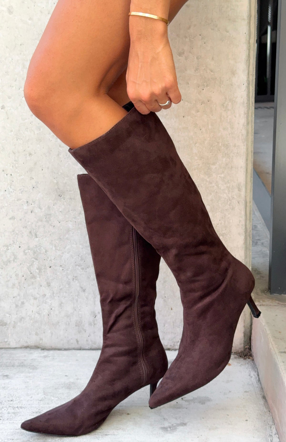 White Fox Rosalina Knee High Boots Chocolate Faux Suede