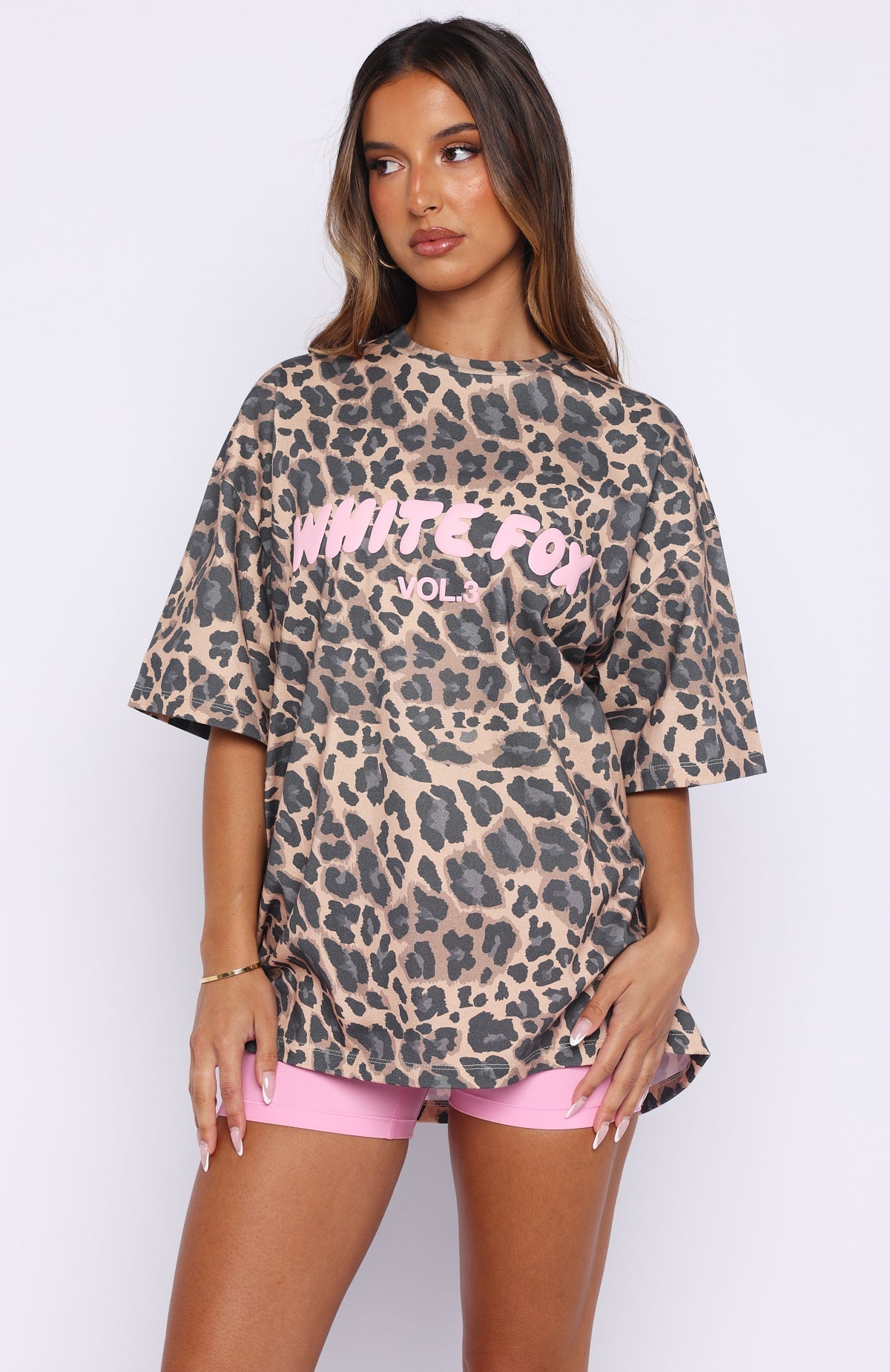 White Fox Offstage Printed Oversized Tee Dark Leopard