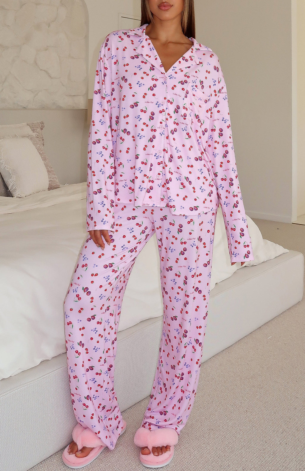 White Fox Pillow Talk Printed Long Sleeve Pyjama Set Pink Berries