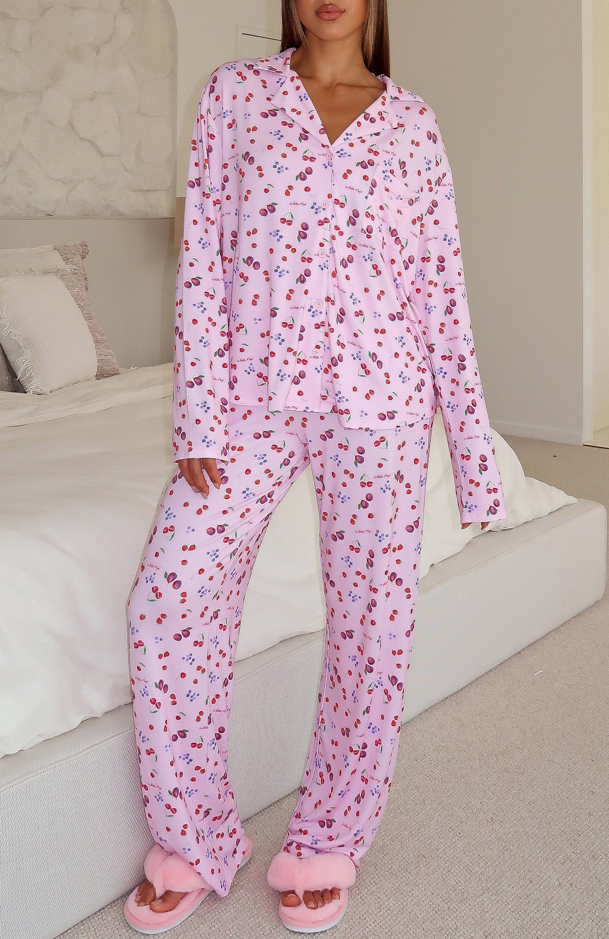 White Fox Pillow Talk Printed Long Sleeve Pyjama Set Pink Berries