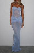 White Fox Sheer Grace Strapless Glitter Maxi Dress Powder Blue
