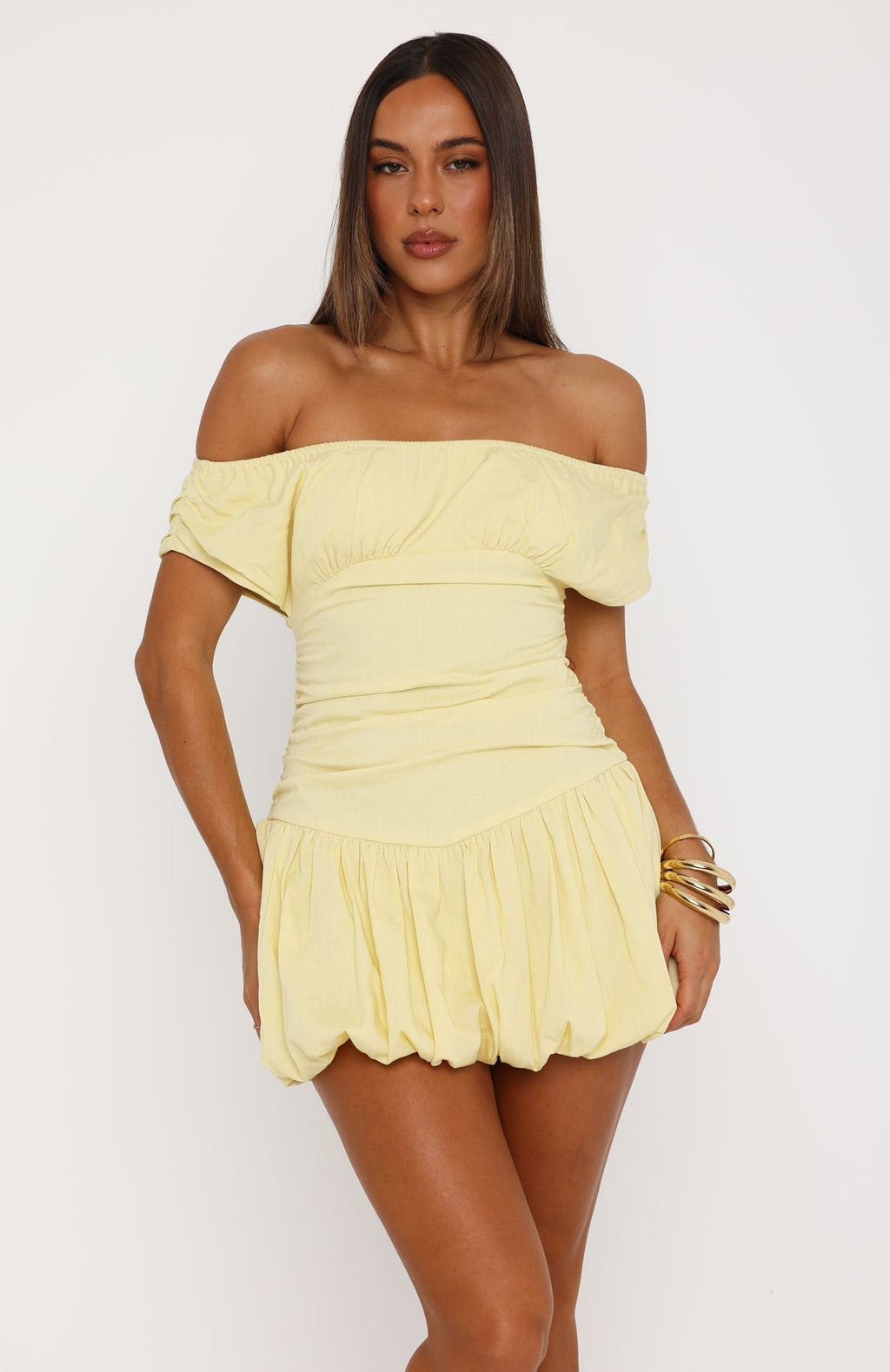 White Fox Dare Me Darling Off Shoulder Mini Dress Lemon