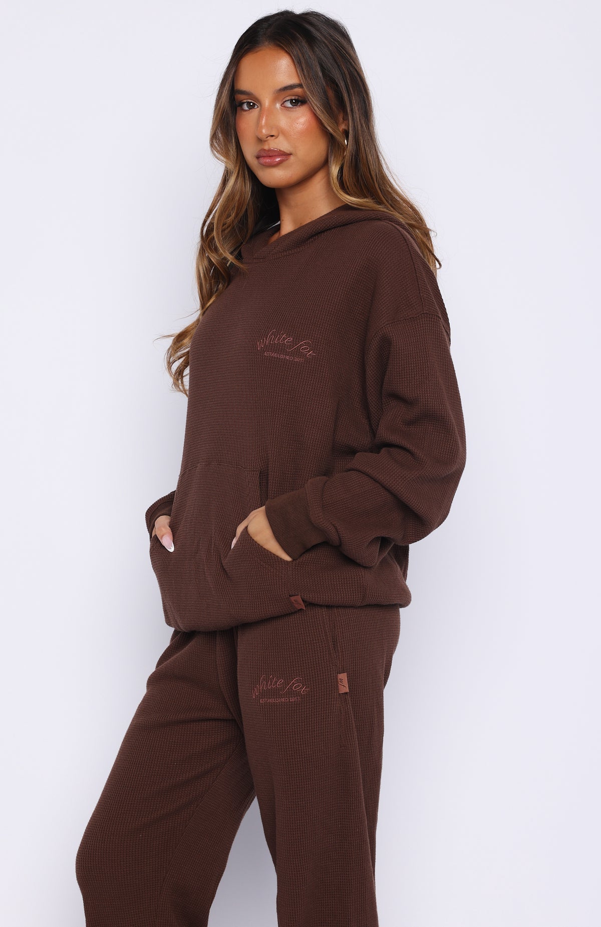 White Fox Moving Out Waffle Oversized Hoodie Chocolate