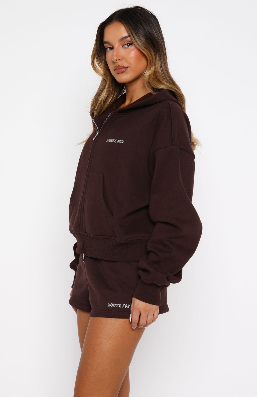 White Fox Test Drive Boxy Zip Front Hoodie Chocolate