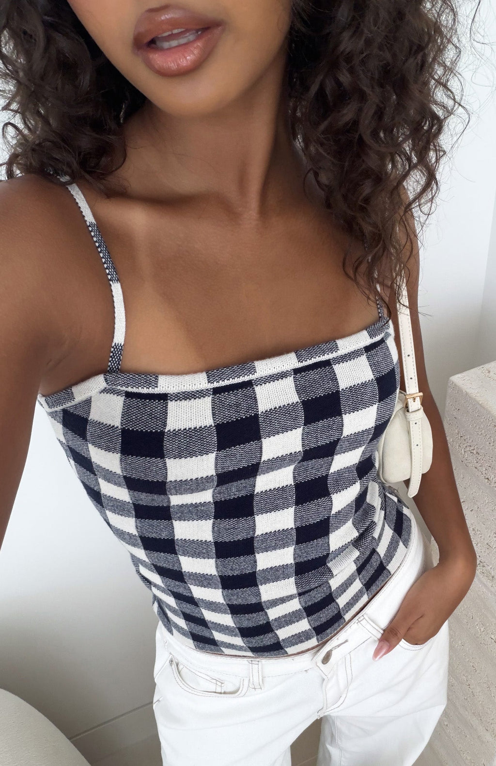 White Fox Iconic Duo Knit Cami Top Navy/Cream Gingham