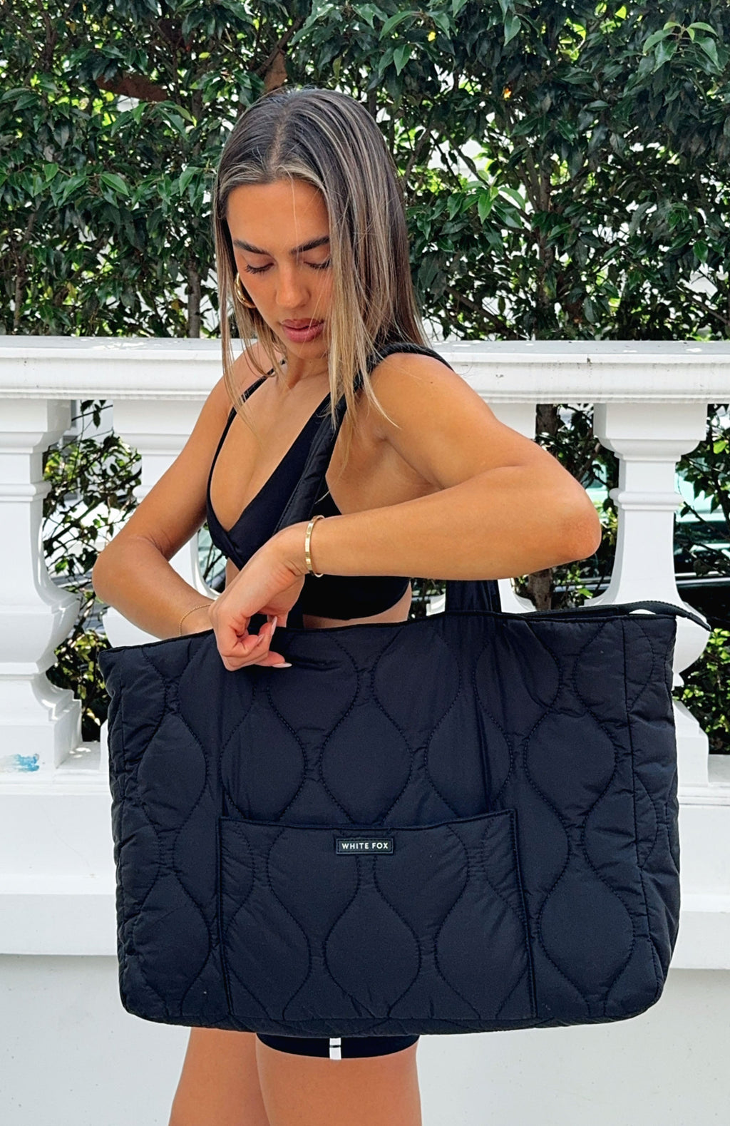 White Fox Always Moving Quilted Tote Bag Black