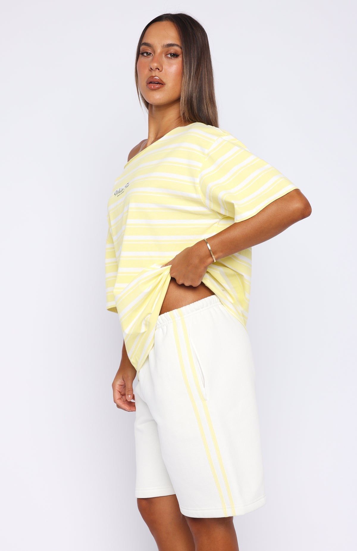 White Fox Verano Sixteen Magnolia Off Shoulder Oversized Tee Lemon/White Stripe