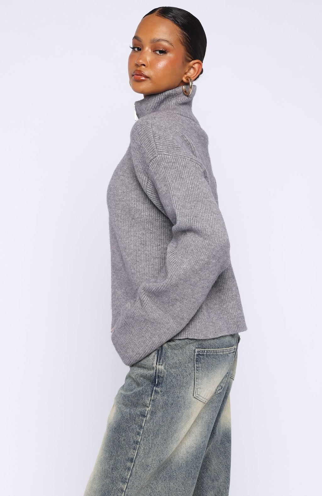 White Fox Violetta Zip Knit Cardigan Smokey Grey