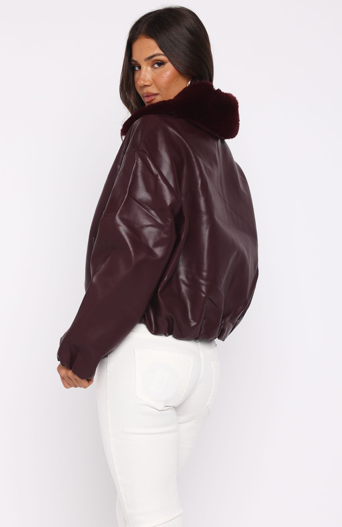 White Fox No Competition PU Bomber Jacket Burgundy