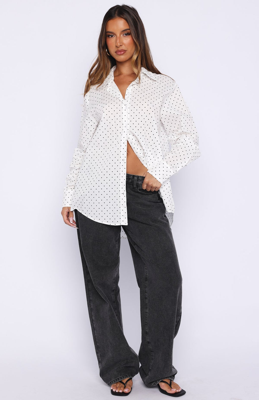 White Fox Always About Us Button Up Shirt White Polka Dot