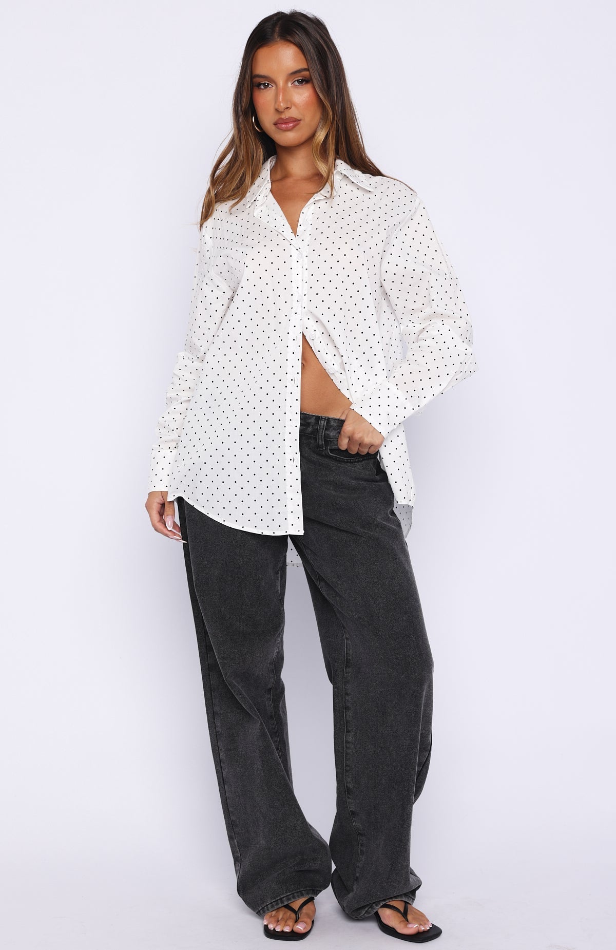 White Fox Always About Us Button Up Shirt White Polka Dot