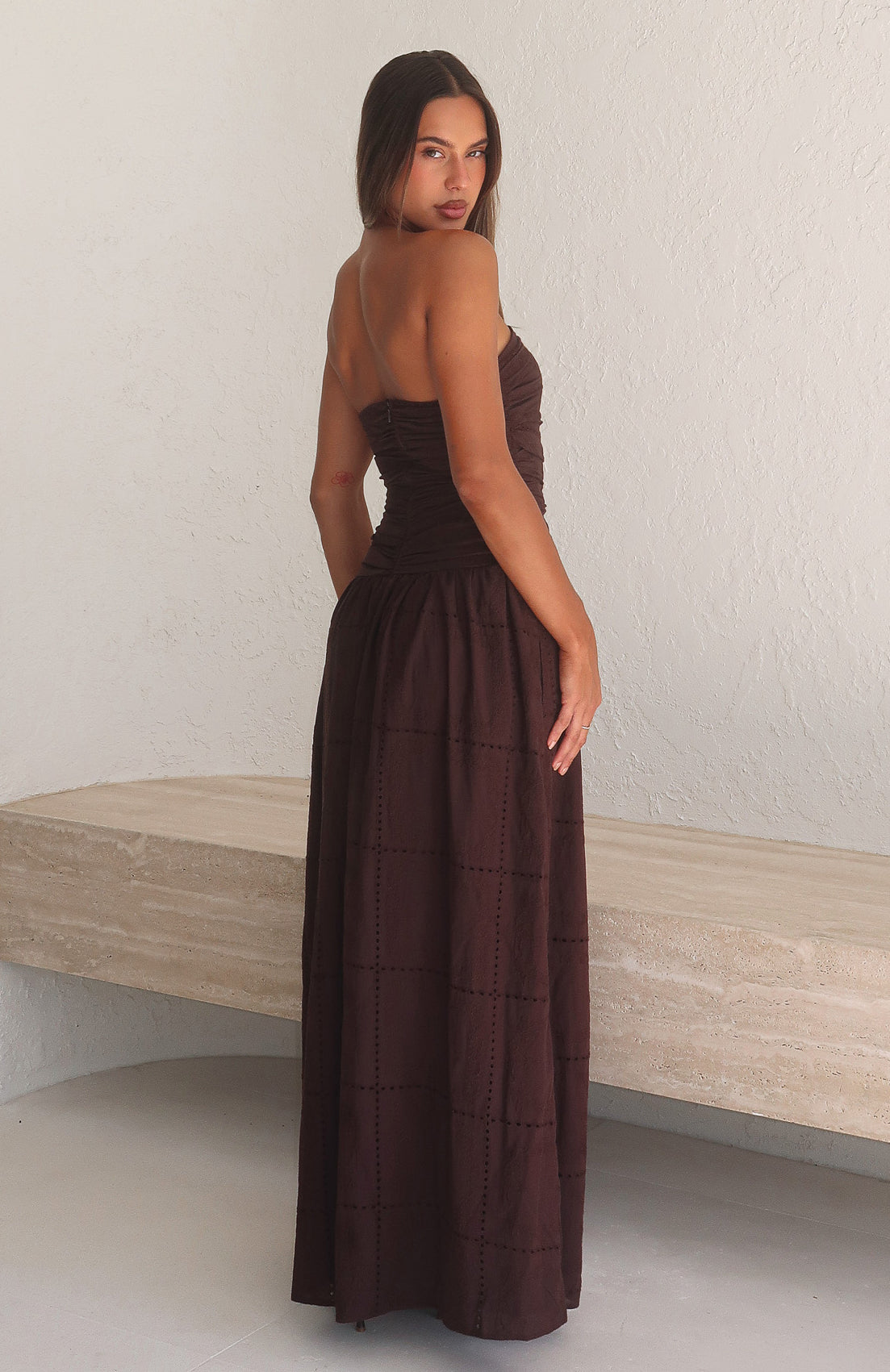 White Fox Bittersweet Babe Strapless Broderie Maxi Dress Chocolate