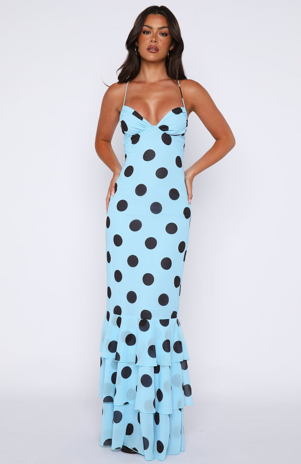 White Fox Power Ballad Maxi Dress Baby Blue/Choc Polka Dot