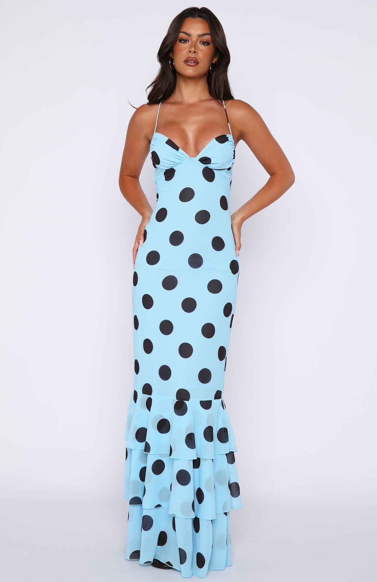 White Fox Power Ballad Maxi Dress Baby Blue/Choc Polka Dot