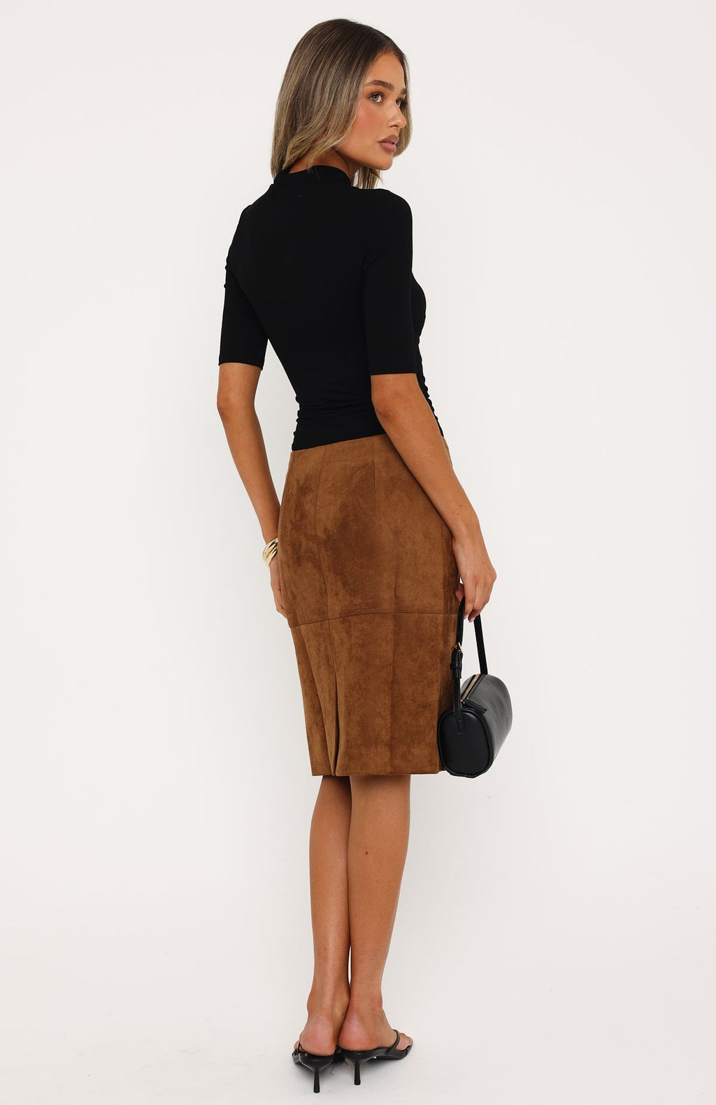 White Fox Ready For Business Faux Suede Midi Skirt Chestnut