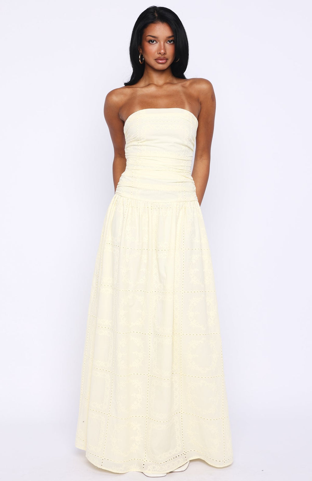 White Fox Bittersweet Babe Strapless Broderie Maxi Dress Butter