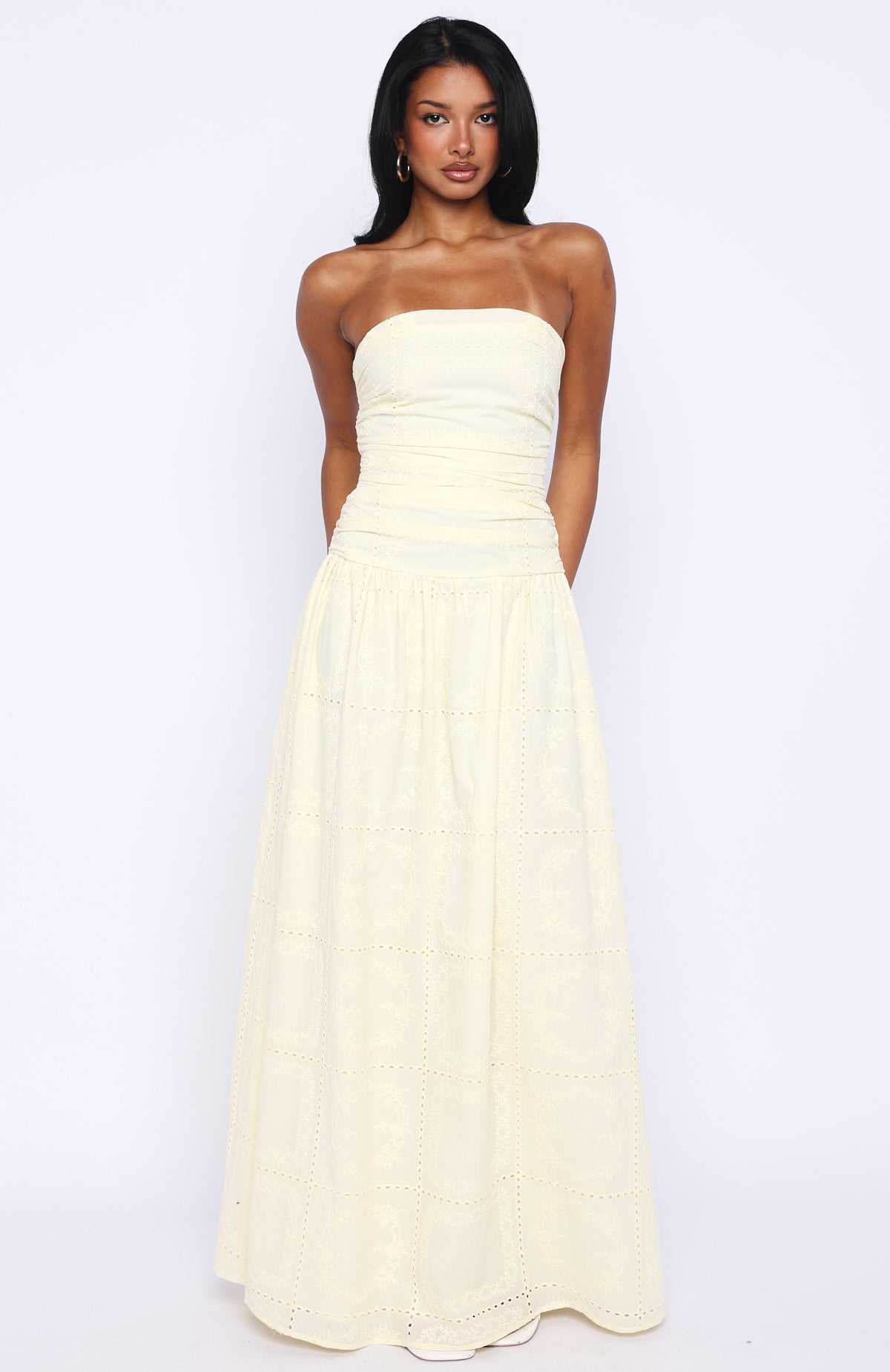 White Fox Bittersweet Babe Strapless Broderie Maxi Dress Butter