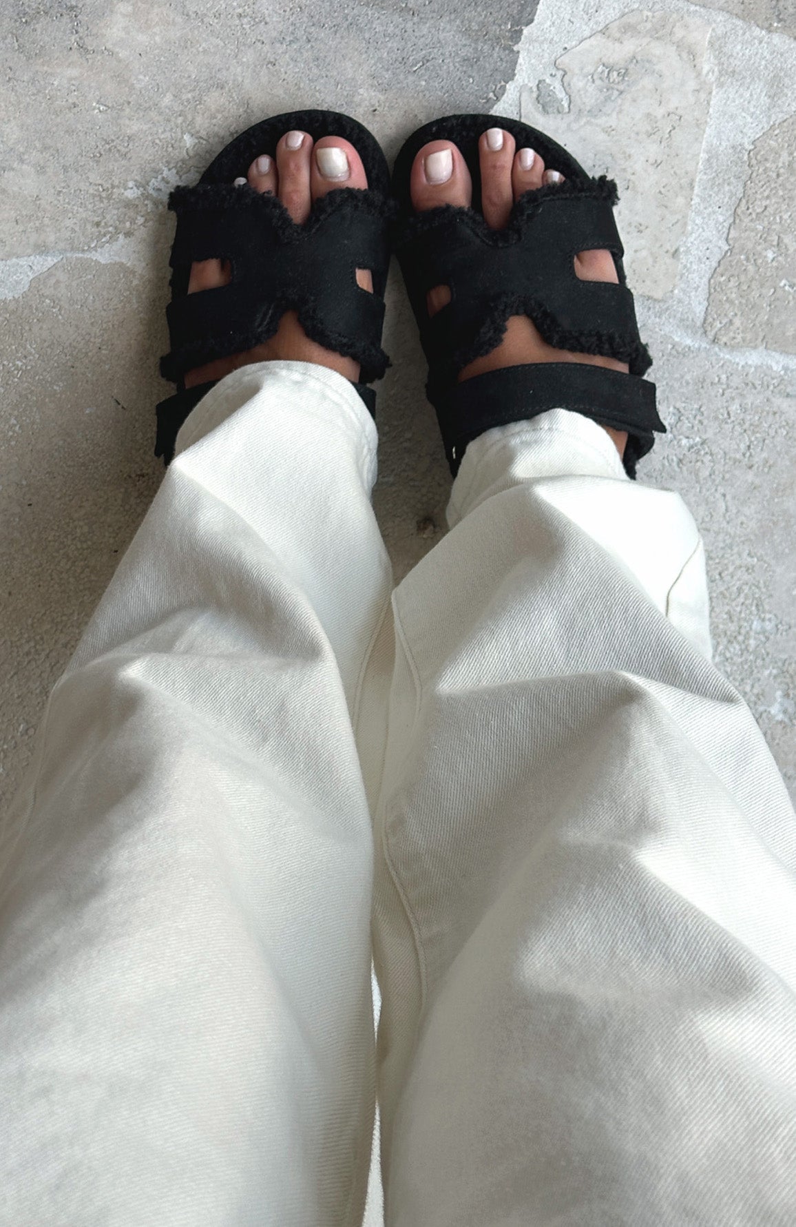 White Fox Sandra Shearling Sandals Black