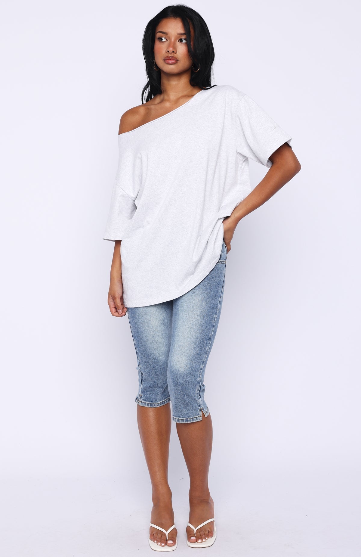 White Fox Give Me Options Off Shoulder Tee Light Grey Marle
