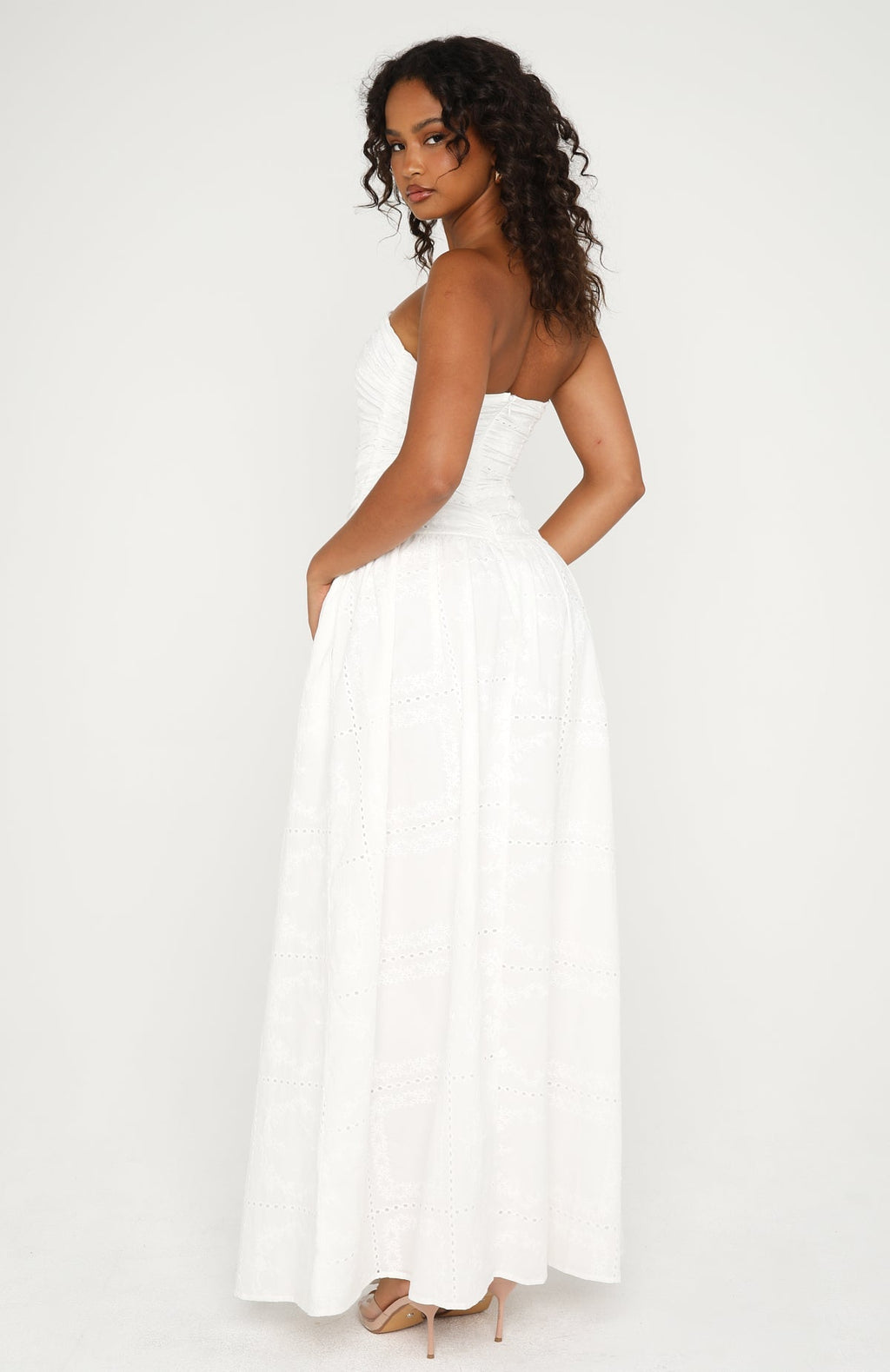 White Fox Bittersweet Babe Strapless Broderie Maxi Dress White